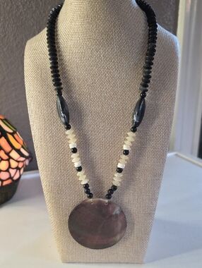 Black and Cream Beaded Necklace with Iridescent Shell Pendant